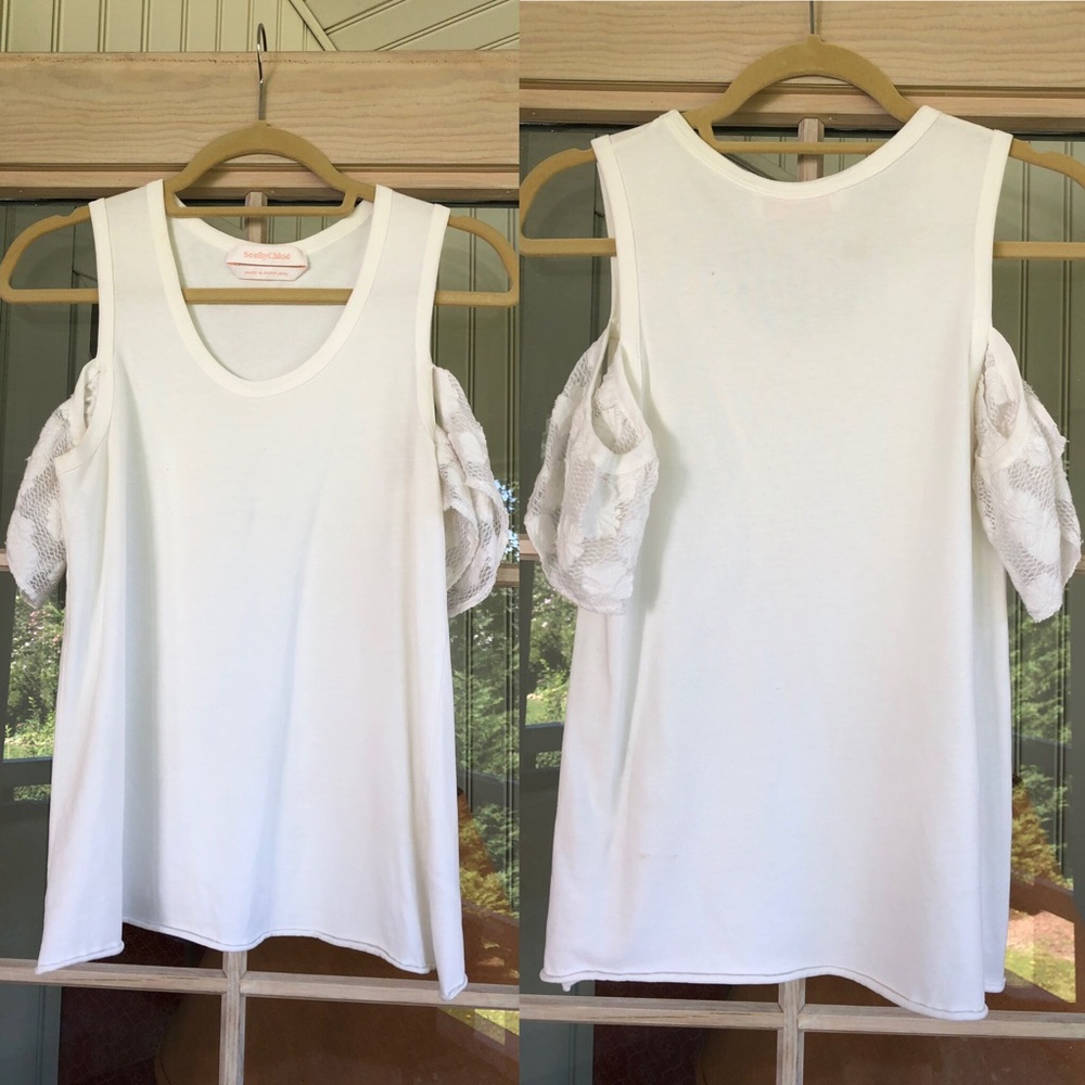 See By Chloé White Tank with Lace Sleeves